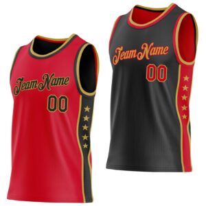 Custom Reversible Red Black-Old Gold Double Side Star Sublimation Basketball Suit Jersey