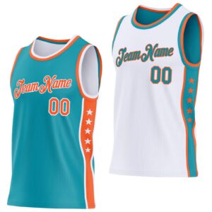 Custom Reversible Teal Orange-White Double Side Star Sublimation Basketball Suit Jersey
